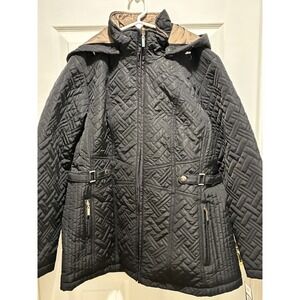 Gallery New York Women Black Quilted Basketweave Jacket Detachable Hood Large